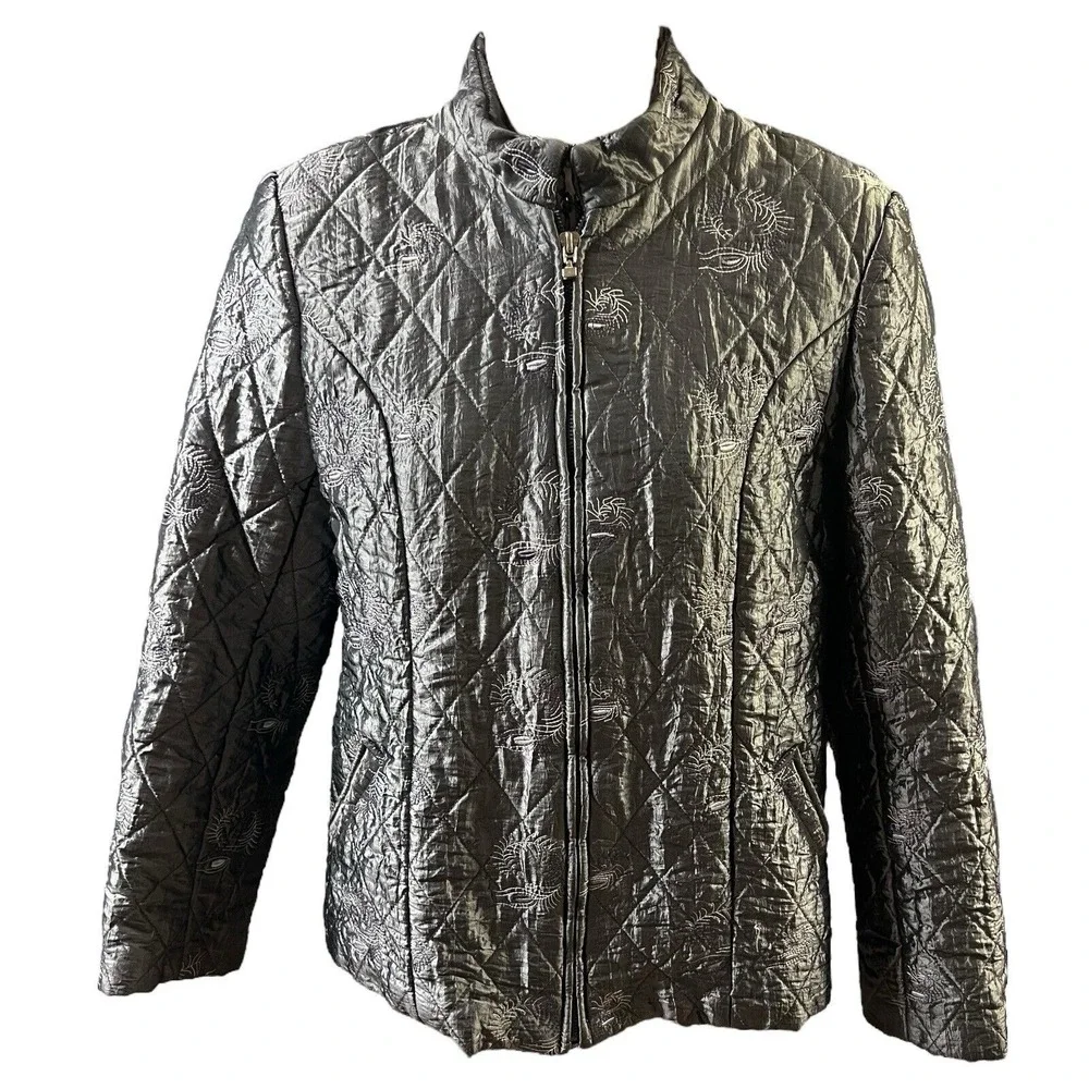 Leomarina Boutique Women Jacket Grey Quilted Embroidered Full Zip Side Pockets‎